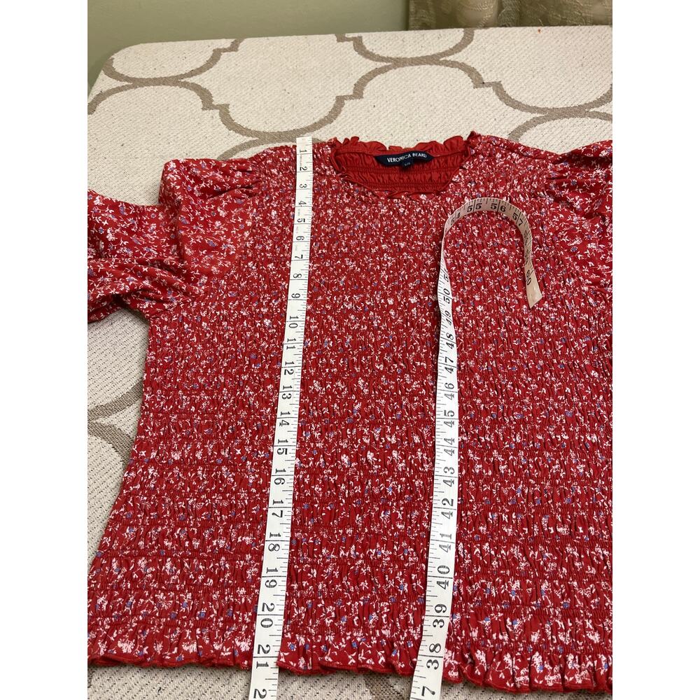 Veronica Beard Red Floral Smocked Puff-Sleeve Top - Picture 5 of 12